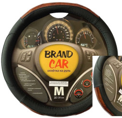 Оплетка на руль   BRENDCAR  "WOOD 235" - М,  Чёрный/дерево коричневый (кожа)