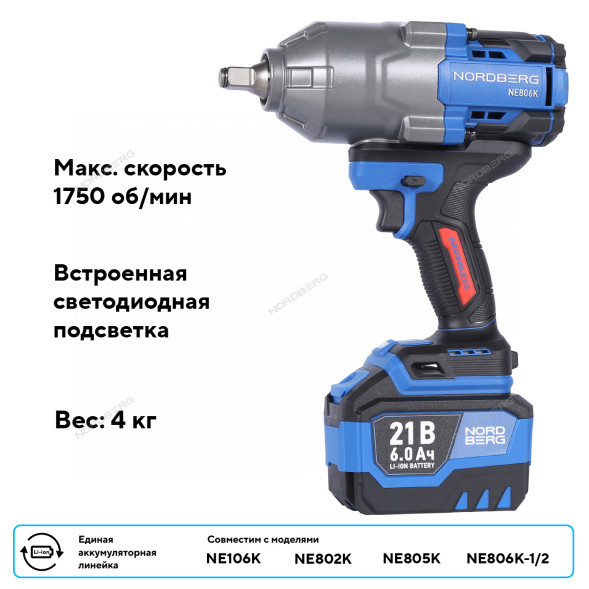 Аккумуляторный гайковерт NORDBERG NE806K-1/2 (1/2&quot;, 21В, 1500Нм)