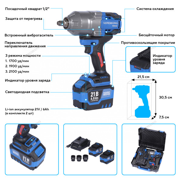 Аккумуляторный гайковерт NORDBERG NE806K-1/2 (1/2&quot;, 21В, 1500Нм)