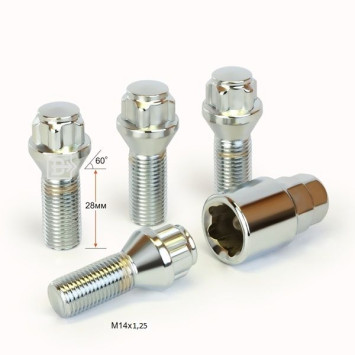 Секретные болты  М14x1,25 L=28мм конус, хром (ключ 17/19)