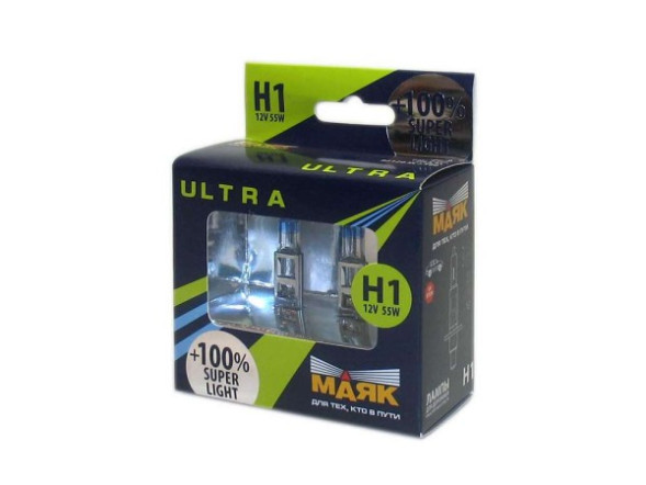 Лампа МАЯК 12V    H1  55W  Ultra  P14,5s Super Light+100% (к-кт.2шт)